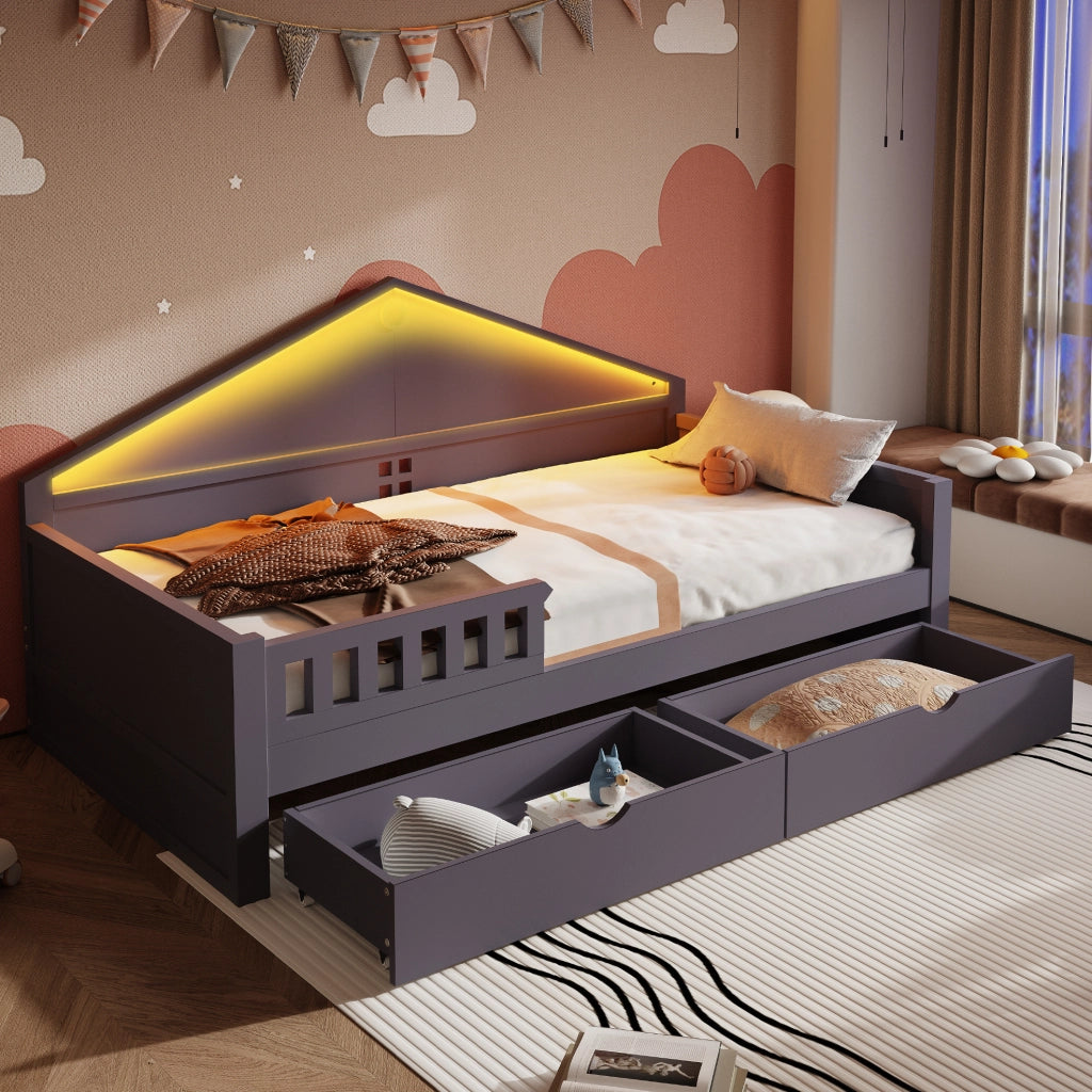 Letto singolo 90x200 cm in legno con cassetti e illuminazione LED controllabile via smartphone, grigio