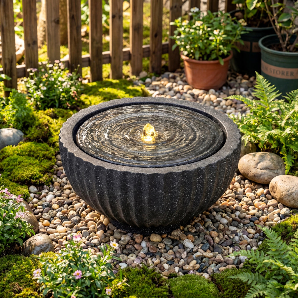 Fontana da giardino con effetto di pietra a forma di ciotola, Fontanella elettrica in resina con luci e flusso d'acqua regolabile