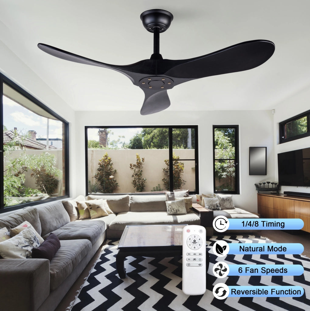 VENTILATORE DA SOFFITTO 106,7 cm Nero con 3 Pale in Legno Massello