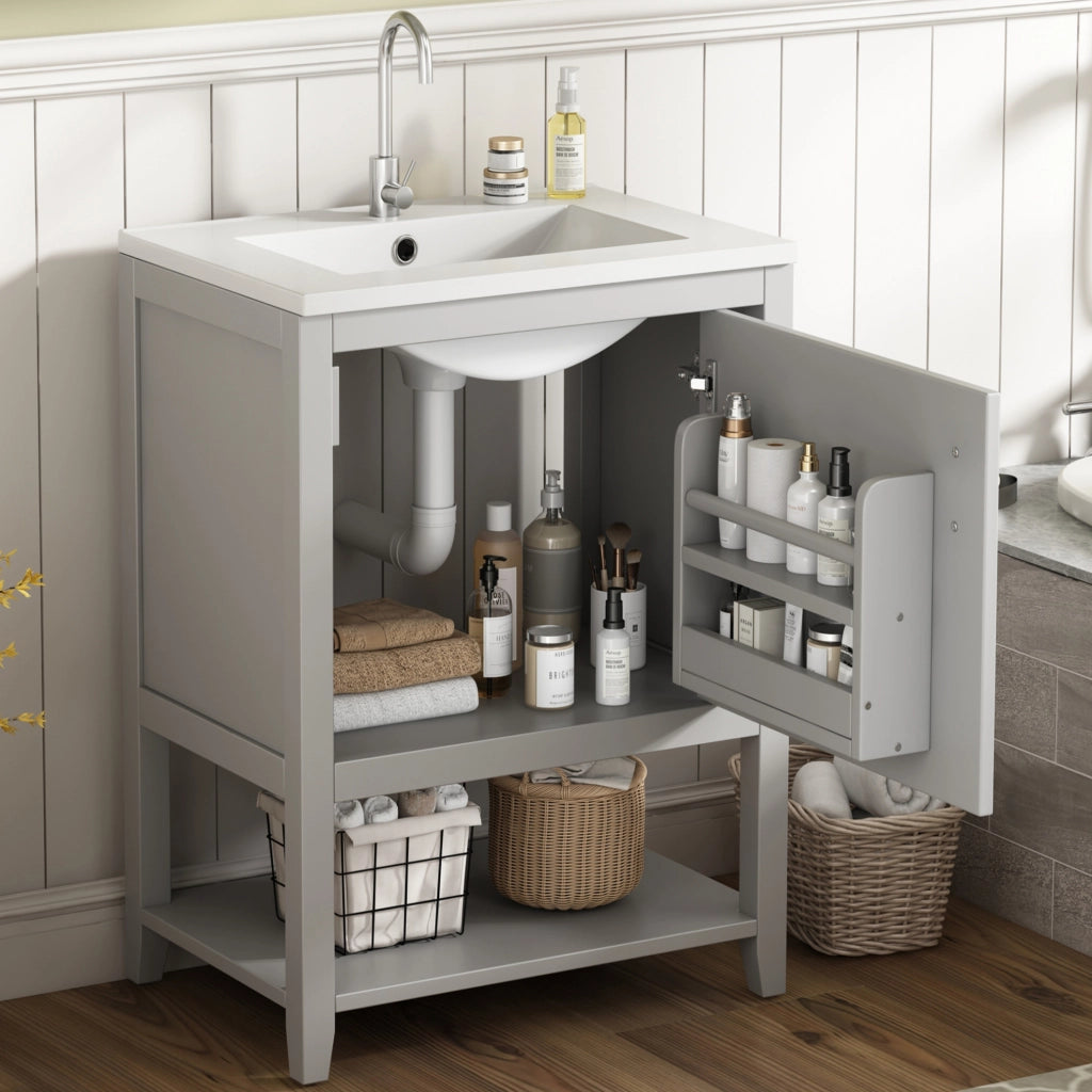 Mobile lavabo singolo 60 cm con lavabo in ceramica e ripiano, colore grigio chiaro