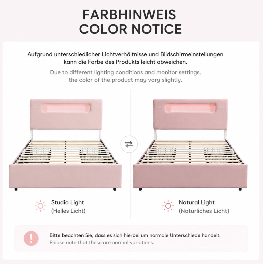 LETTO IMBOTTITO 140x200 cm Rosa in Velluto con 4 Cassetti e LED