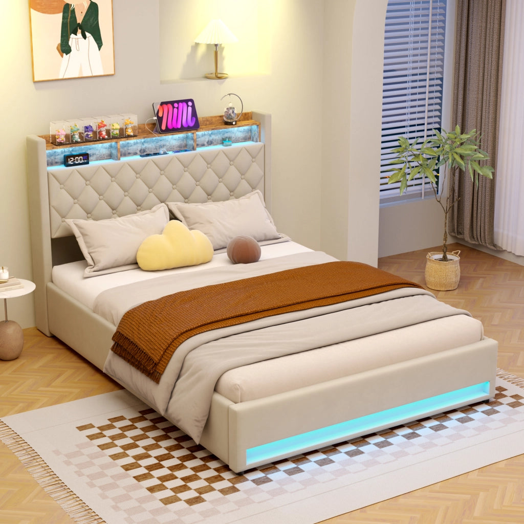 Letto contenitore 160x200 cm con LED; porte USB e prese; testiera con mensola; rete a doghe; velluto beige