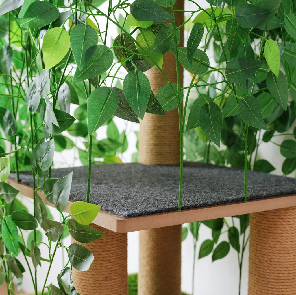 Tiragraffi per gatti ad albero con 3 piattaforme; cuccia e foglie rimovibili; 60×45×158 cm; MDF verde