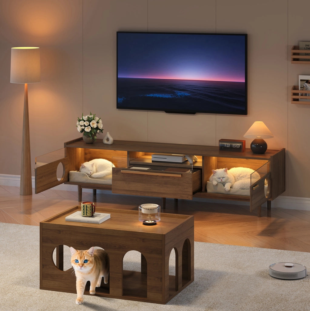Mobile TV con vano per gatti e LED, noce, 180×40×50 cm