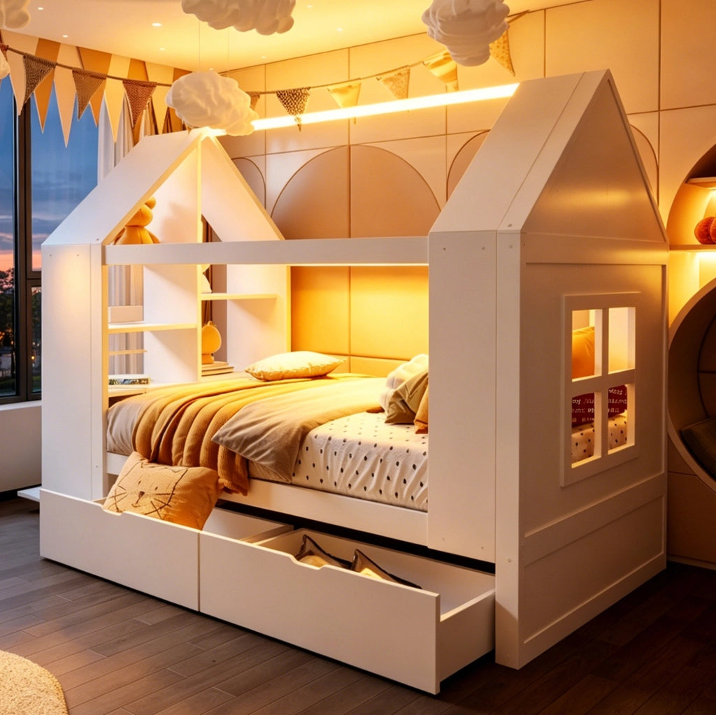Letto a casetta per bambini 90x200 cm bianco con LED e cassetti
