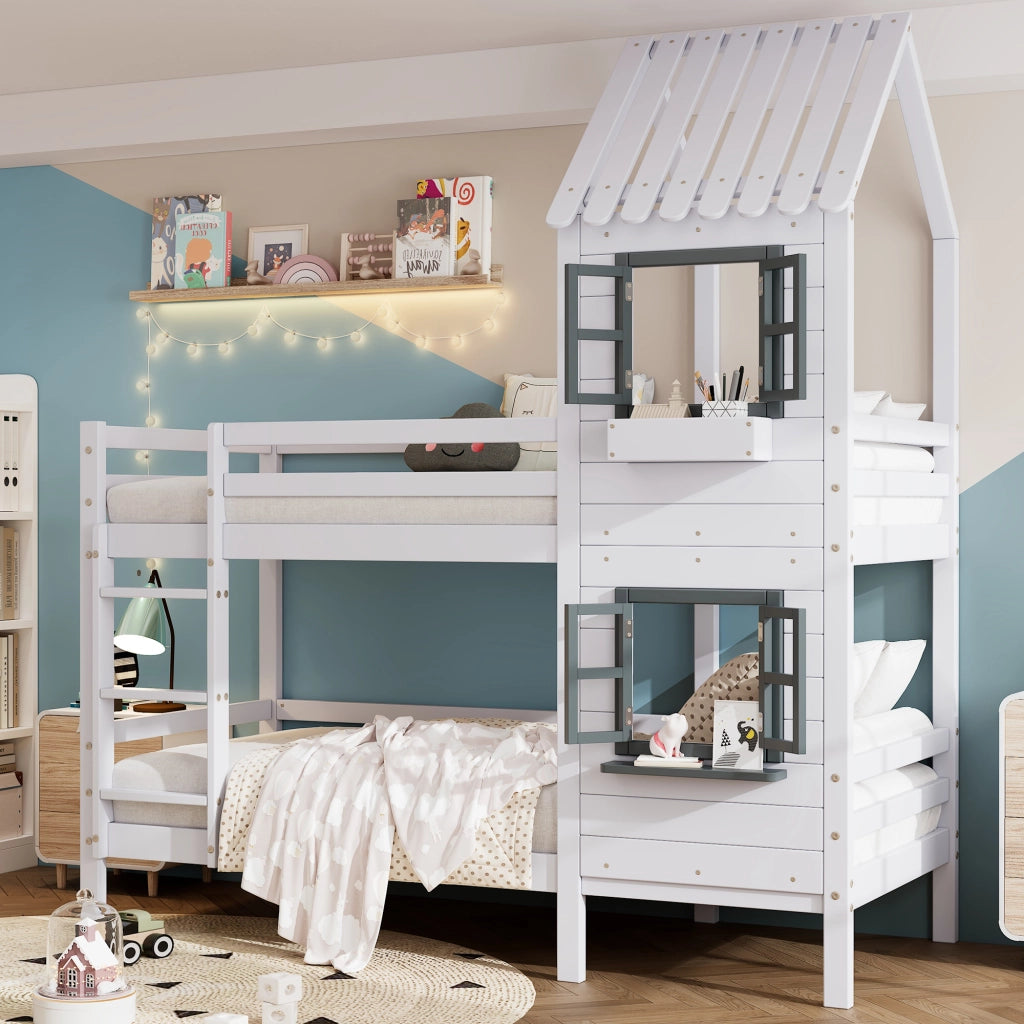Letto a castello per bambini 90 × 200 cm, 2 posti, con finestre, scala con corrimano e barriere, senza materasso, bianco