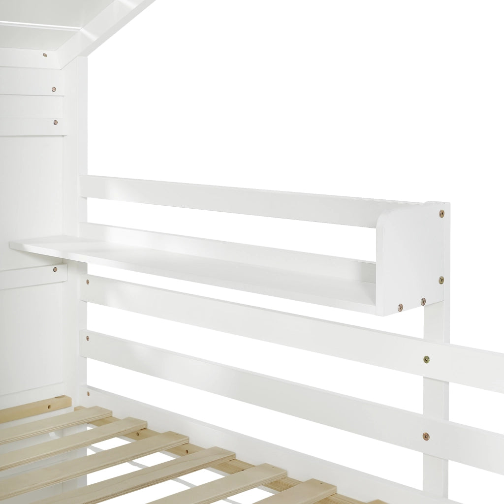 Letto a castello per bambini 90×200 cm con scala contenitore, finestre e tetto, senza materasso, bianco e grigio