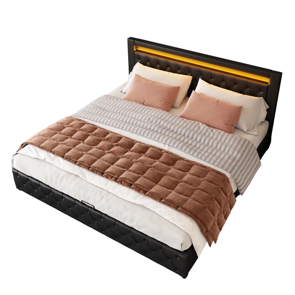 Letto matrimoniale imbottito 180 × 200 cm con contenitore rete a doghe LED regolabile in PU nero