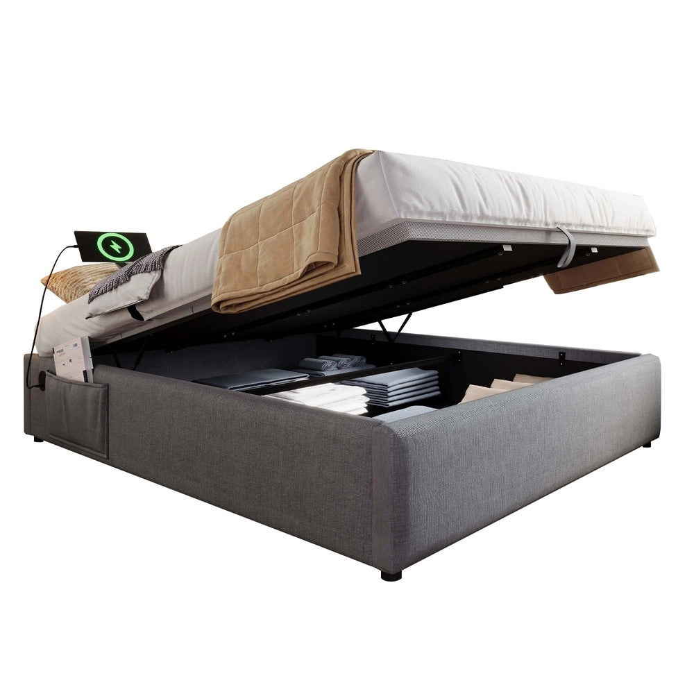 Letto imbottito matrimoniale ¨C Minimal ¨C Grigio tessuto 140x200 cm con rete a doghe senza testiera porta USB-C