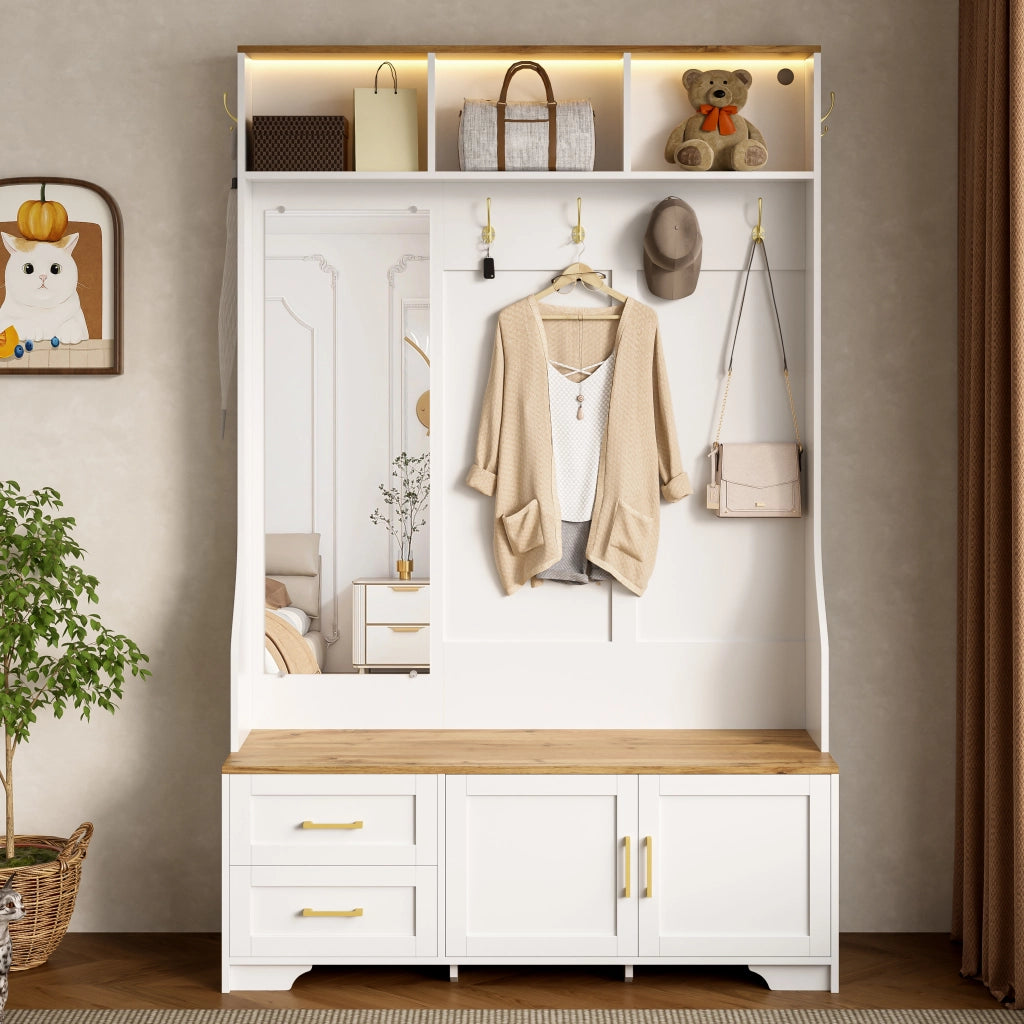 Mobile da Ingresso con 2 Ante; 2 Cassetti; Specchio; Ganci e LED per Corridoio in MDF 120 x 40 x 187 cm