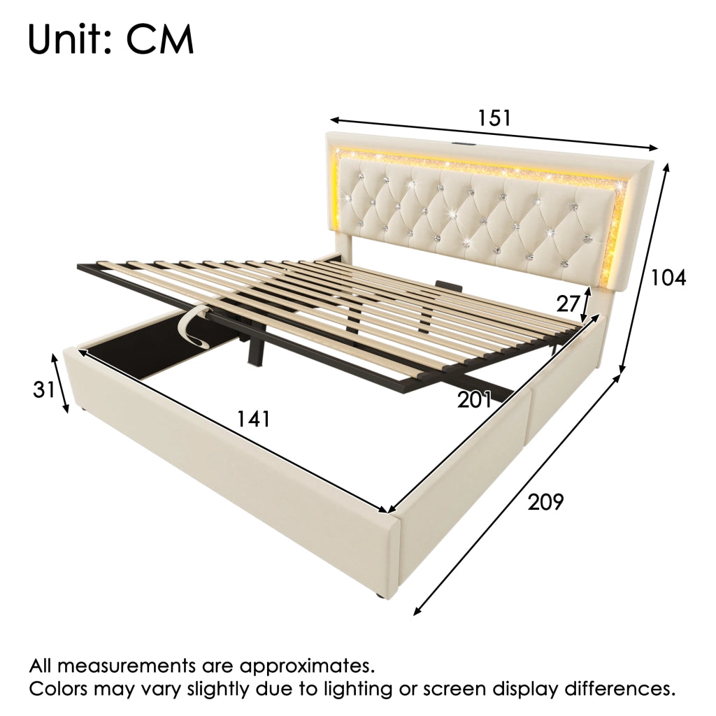 Letto matrimoniale 140×200 cm con contenitore idraulico; LED regolabile; USB e tipo C; materasso incluso; beige