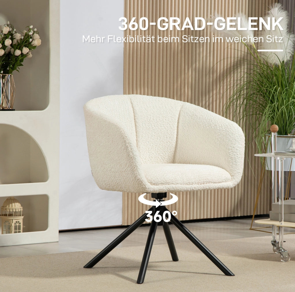 Poltrona Lounge con Braccioli, Girevole a 360°, Rivestimento in Lino Crema, Gambe in Metallo per Soggiorno e Camera da Letto