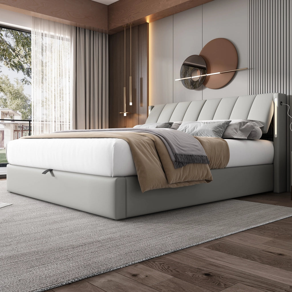 Letto contenitore LED 140x200 cm; matrimoniale con contenitore idraulico; USB; testiera regolabile; PU effetto ciottoli; grigio