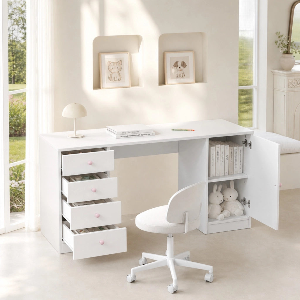 Scrivania per bambini bianca con 4 cassetti e maniglie in ceramica rosa, 155x45x74 cm