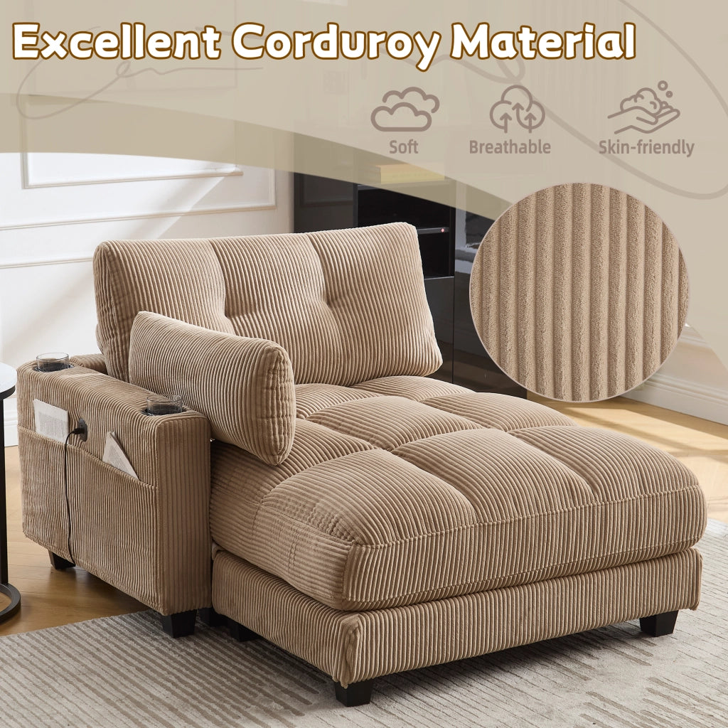 Poltrona relax in velluto a coste kaki con poggiatesta portabevande tasche laterali e USB 81 × 140 × 112 cm