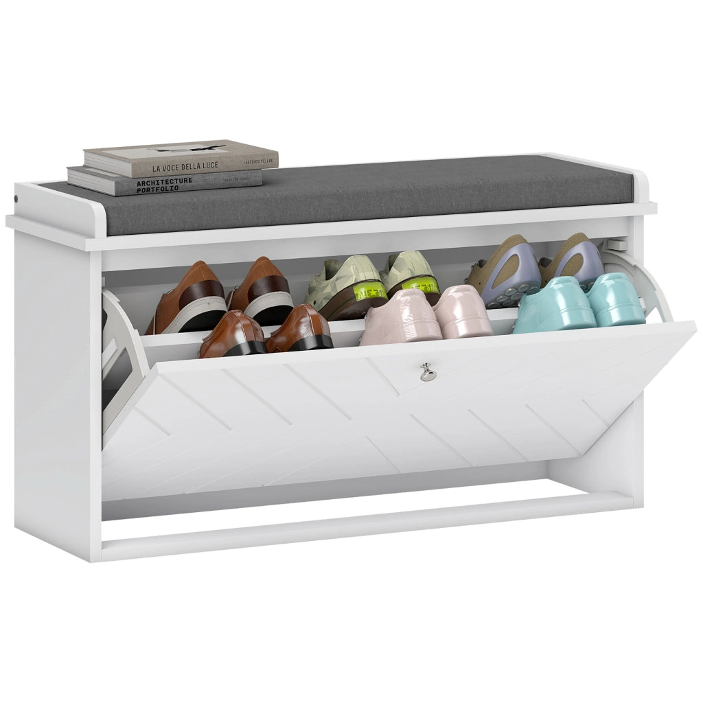 Panca Scarpiera Salvaspazio con Cuscino e Cassetto Ribaltabile per 8 Paia di Scarpe, 80x26x44.5 cm, Bianco