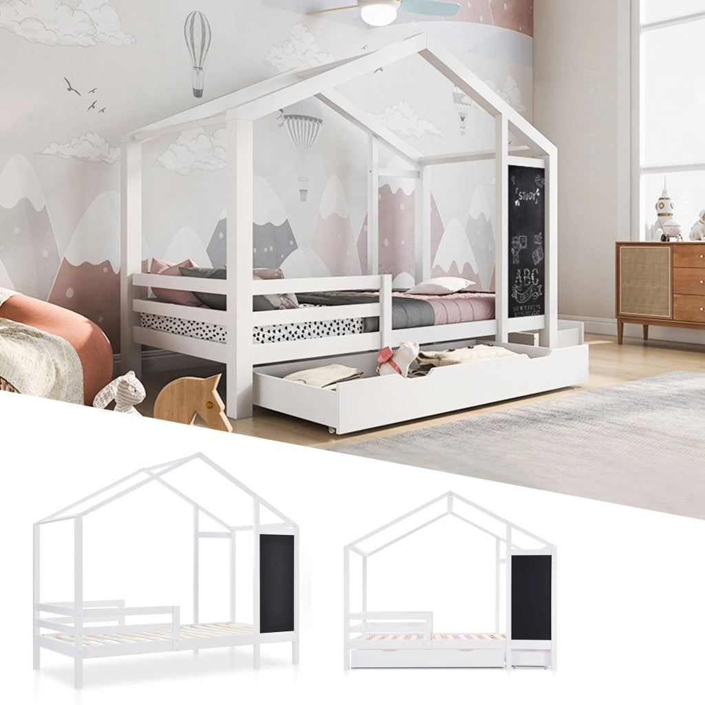 Letto per bambini a casetta 90 × 200 cm con rete a doghe due cassetti lavagna in legno bianco