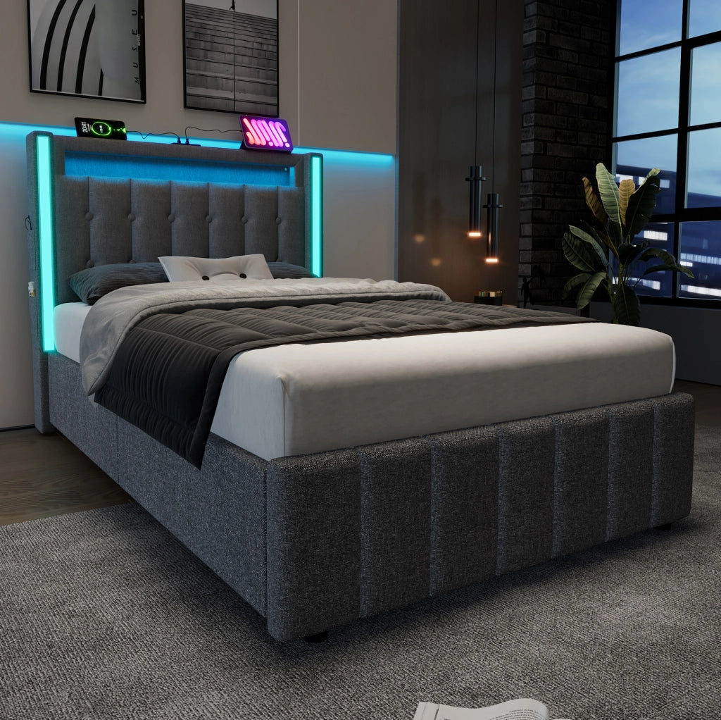 Letto singolo 90x200 cm con USB, Type-C, LED e 2 cassetti