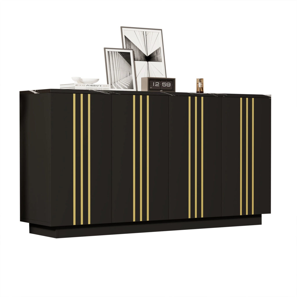 Credenza Soggiorno Nera e Oro 140 cm con 4 Ante e Ripiani Regolabili