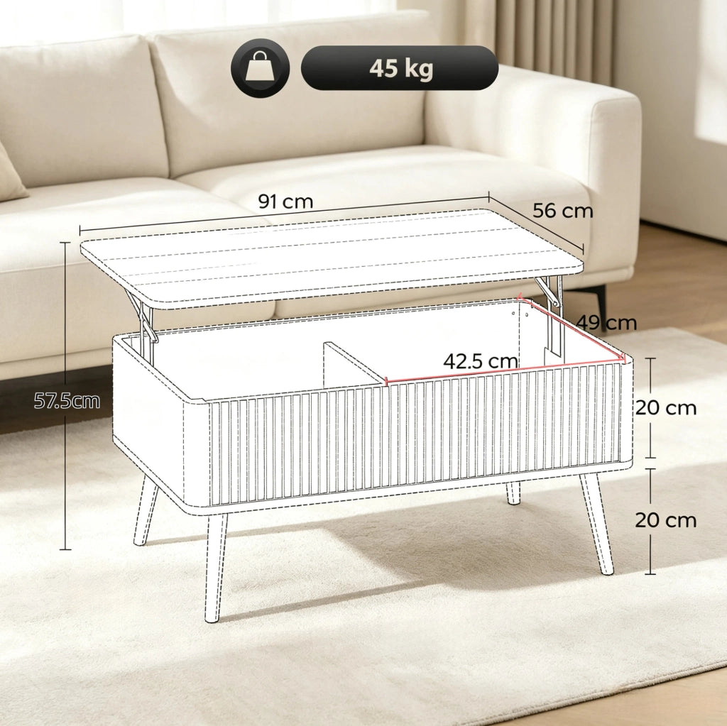 Tavolino da salotto con piano regolabile in altezza in MDF e legno di pino, colore rovere, 91x56 cm