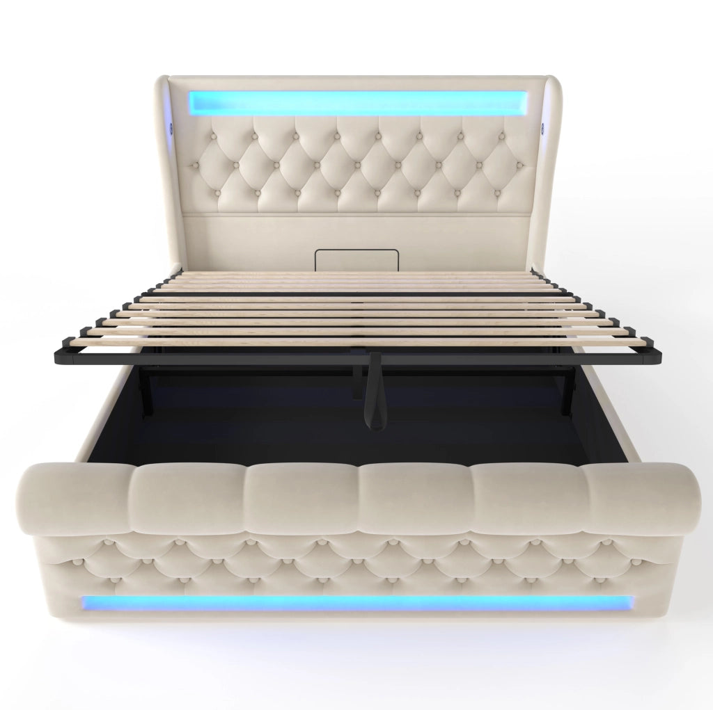 Letto contenitore 140x190 cm imbottito in velluto beige con LED, testiera con USB e Type-C, vano con apertura idraulica e design elegante per camera