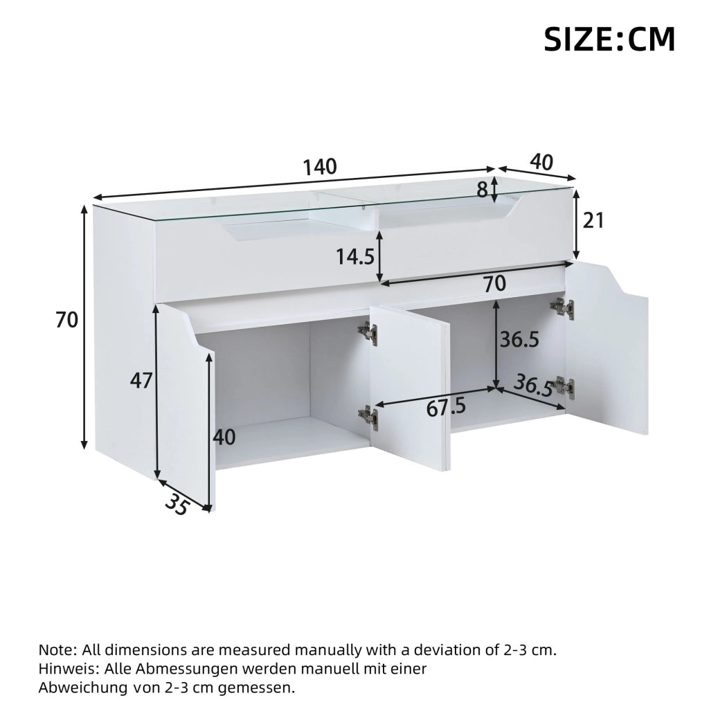 Credenza e madia LED con 2 cassetti e vani chiusi per soggiorno e sala da pranzo in MDF bianco 140 × 40 × 70 cm