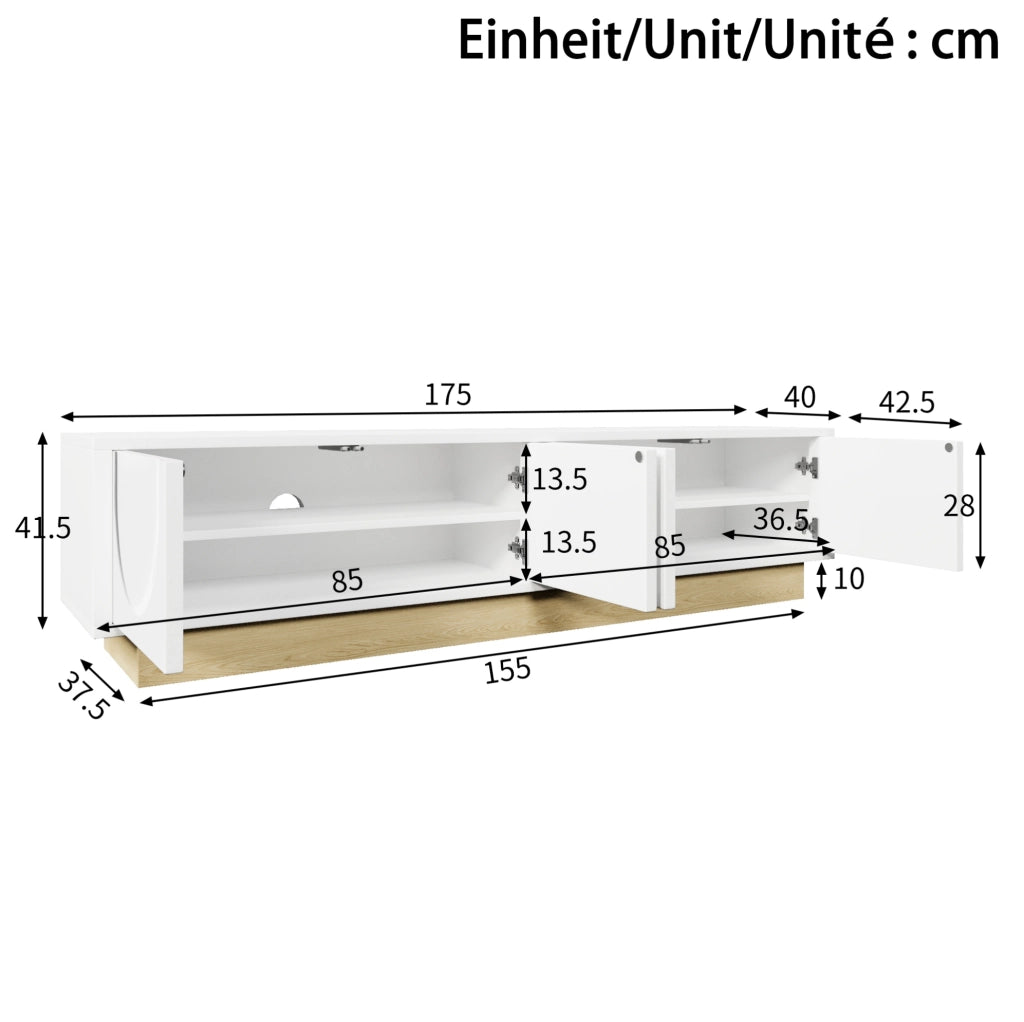 Mobile TV 175 cm con 4 ante push-to-open in MDF bianco e finitura color legno
