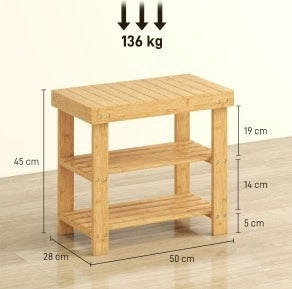 Panca Porta Scarpe in Bambù Naturale con 2 Ripiani e Seduta 50x28x45 cm per Ingresso e Corridoio
