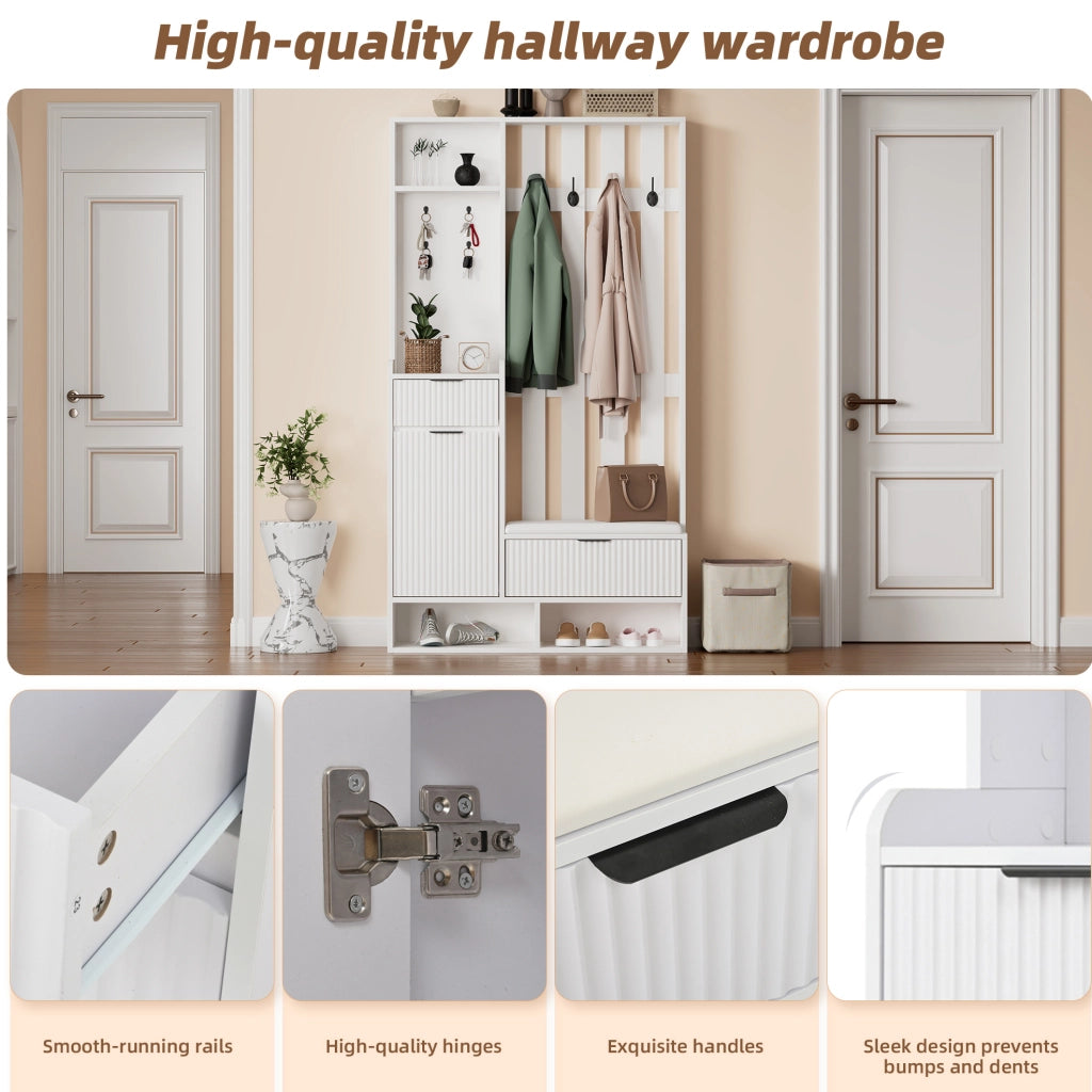 Mobile ingresso 6 in 1 100x30x180 cm con panca; 8 ganci e cassetti; bianco