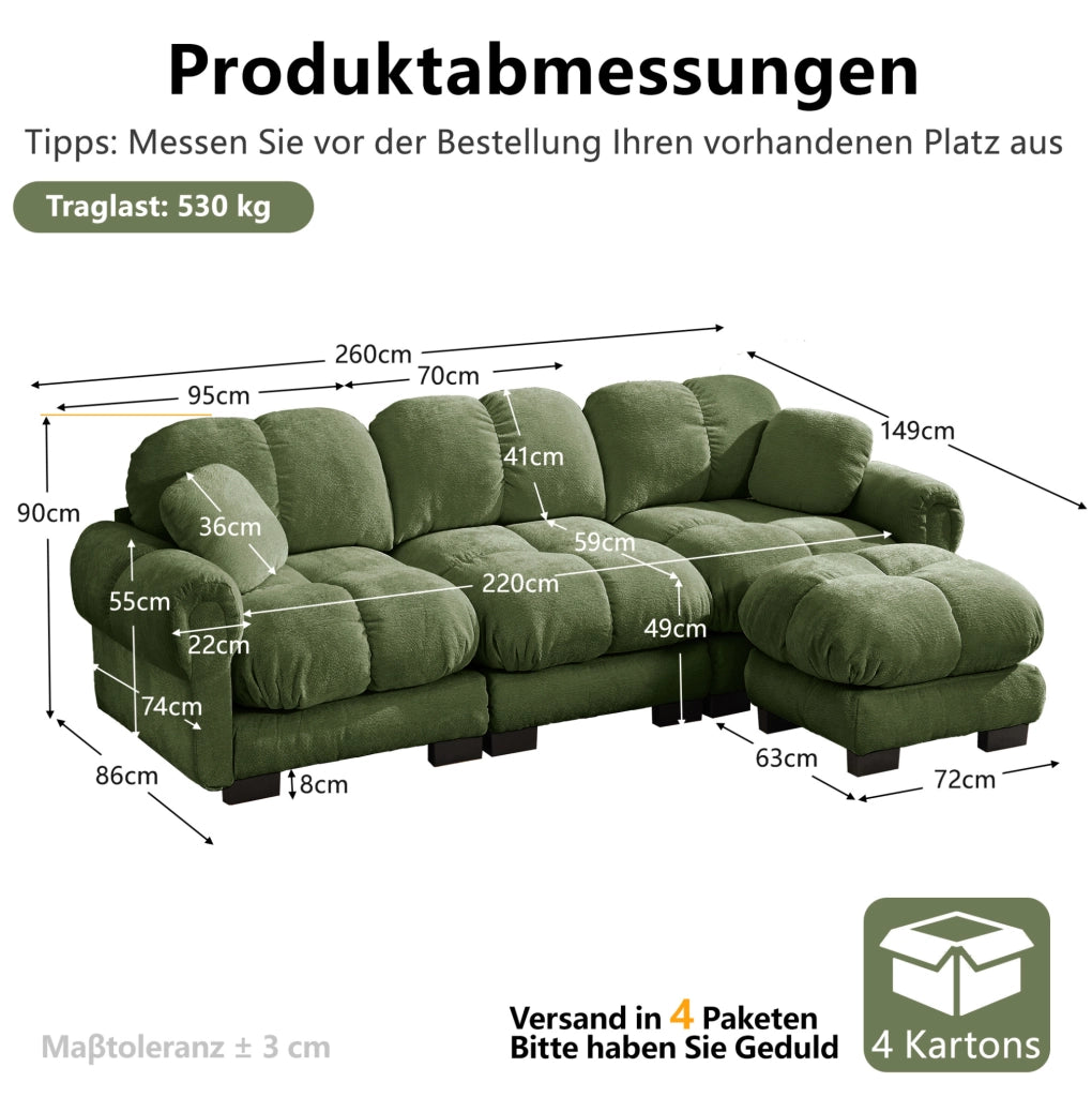 Divano angolare a 3 posti in chenille verde con ottomana mobile e cuscini decorativi