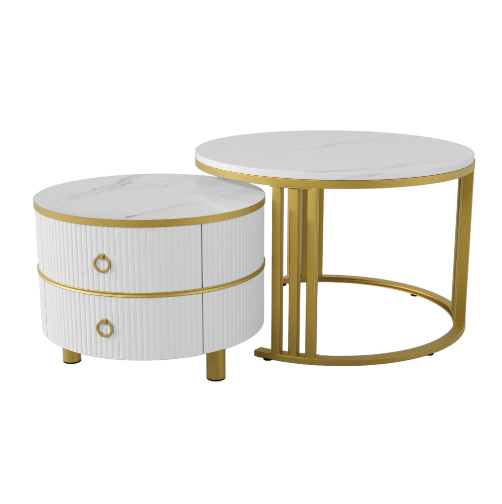 Set di 2 Tavolini Rotondi in MDF con Piano Lucido e Marmo Bianco, 70x70x46 + 50x50x40 cm