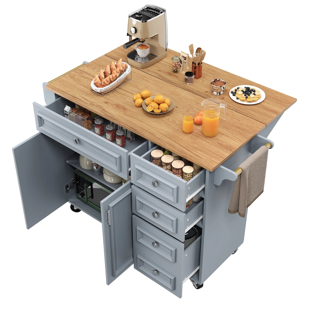 Isola da cucina multifunzionale con piano pieghevole, 110 x 75 x 92 cm, Baby Blue, MDF e metallo