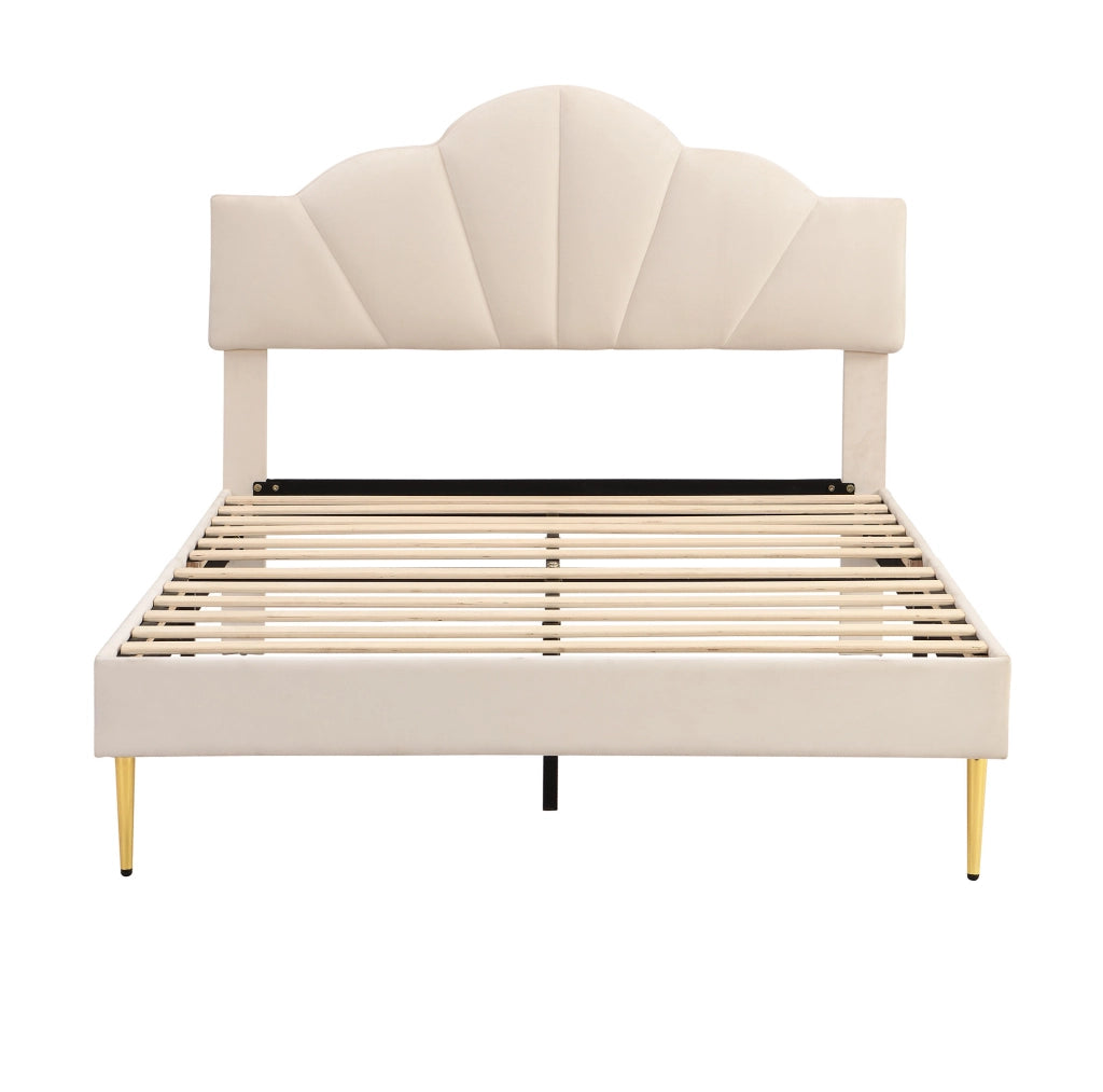 Letto imbottito in velluto beige con testiera regolabile 145 x 195 cm