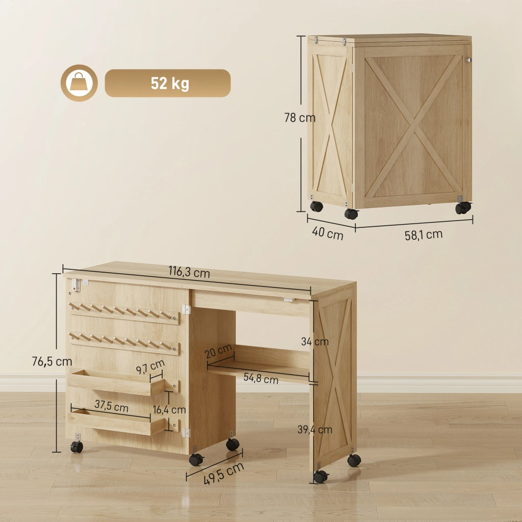 Table de Couture Pliante, Meuble Couture Roulant, Porte Magnétique de Grange, 2 Bacs, Étagère, 18 Chevilles, Naturel