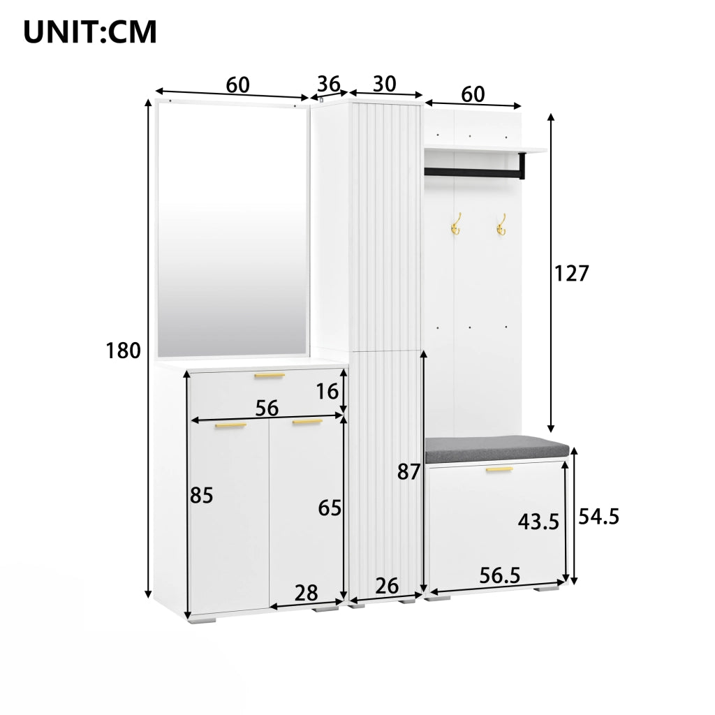 Mobile da ingresso con specchio e appendiabiti, 3 ante, scarpiera a ribalta, panca e cassetto, bianco, 150 × 36 × 180 cm