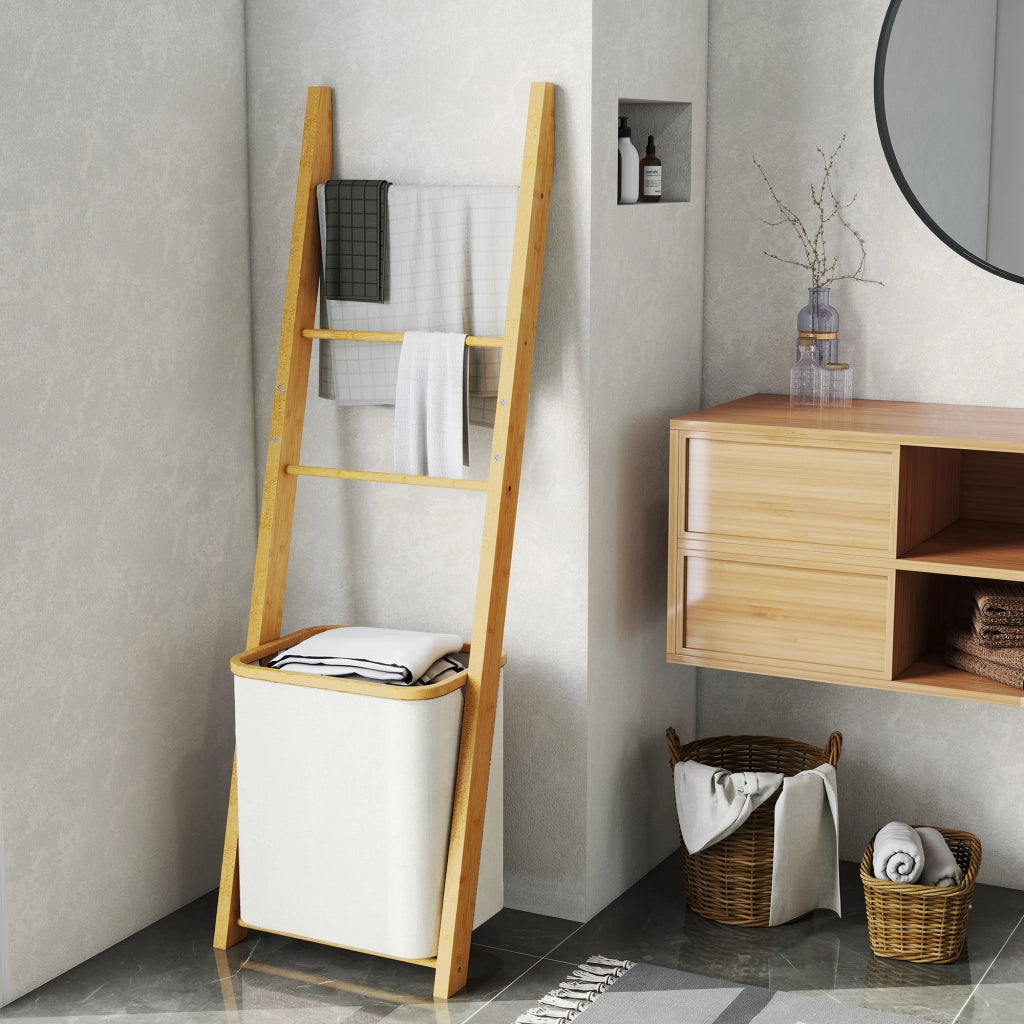 Portasciugamani a Terra in Bamb¨´ con 3 Barre e Cestino per Biancheria Estraibile 48 L Crema ¨C Minimal ¨C 42x42x160 cm