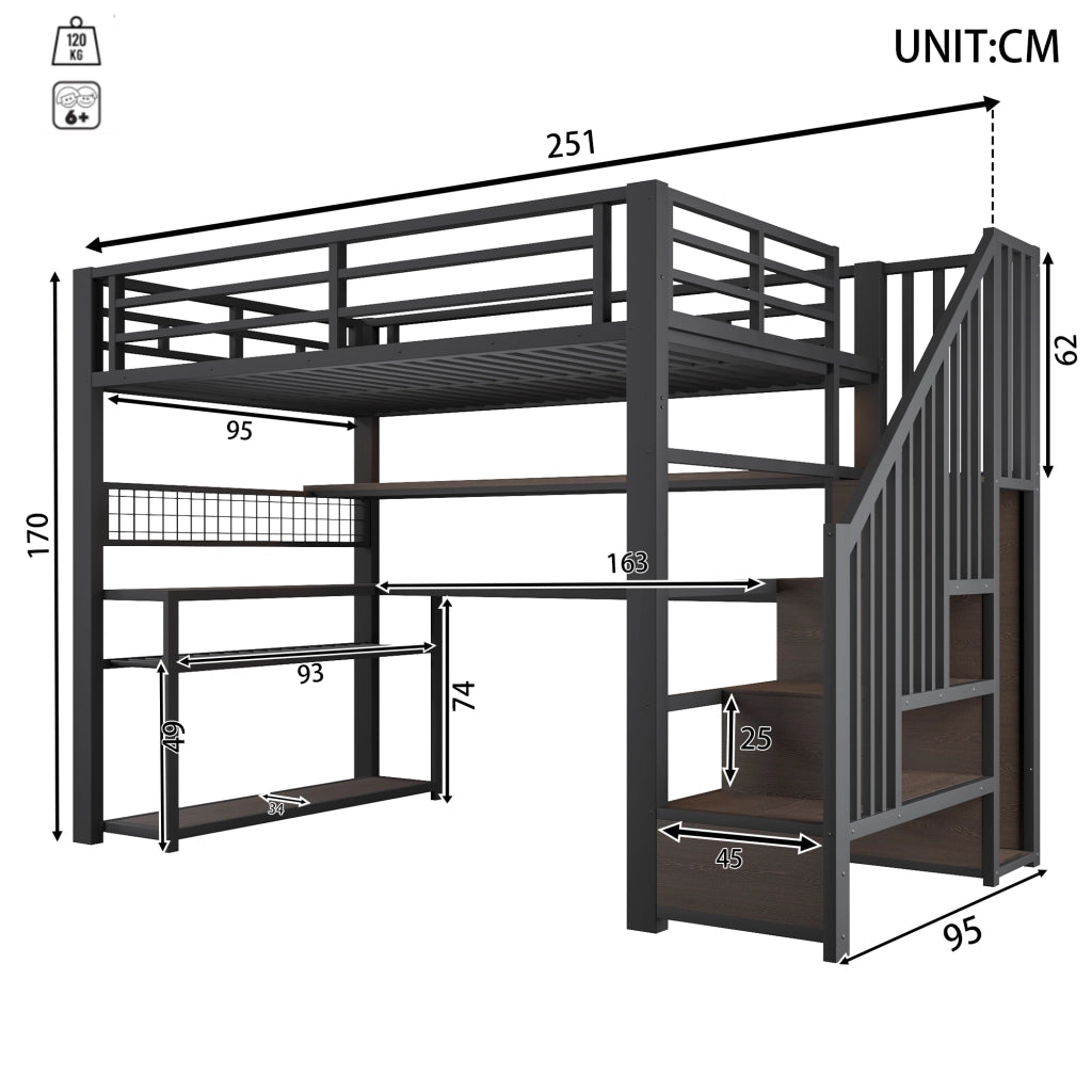 Letto a soppalco 90 × 200 cm con scrivania armadio LED RGB scala contenitore in metallo e MDF nero