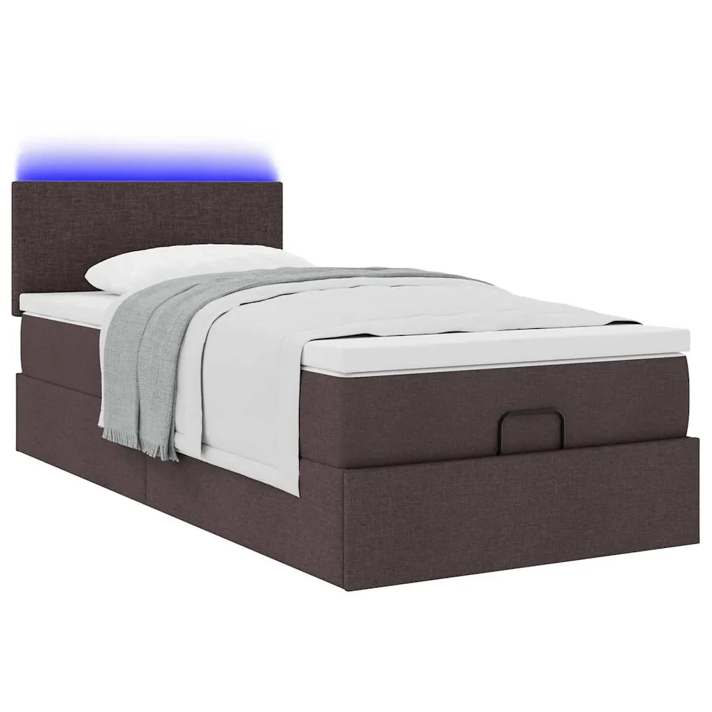 Pouf Letto con Materasso e LED Marrone Scuro 90x200 cm Tessuto