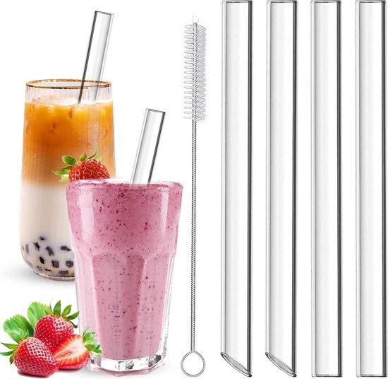 Strumenti per bubble tea - 4 pezzi - 14 mm - bicchieri in vetro riciclabile - strumenti per bubble tea con pennelli per pulizia - per smoothie e succhi - 215 cm