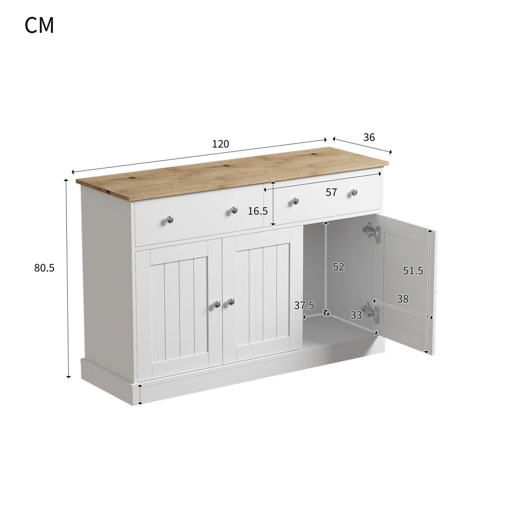 Credenza bianca e finitura legno con 3 ante e 2 cassetti