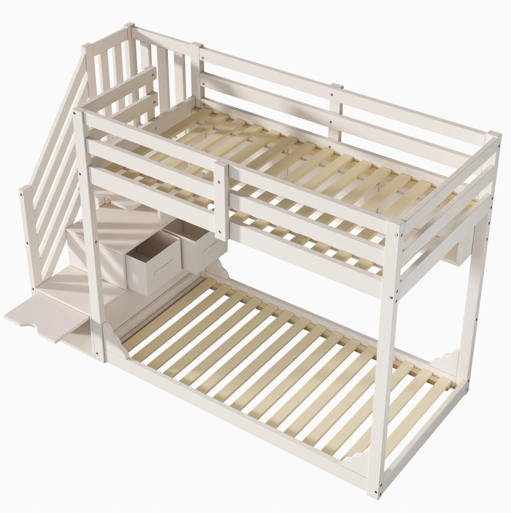 Letto a castello in legno bianco 90x200 cm per bambini con scala armadio e spazio contenitore, senza materasso