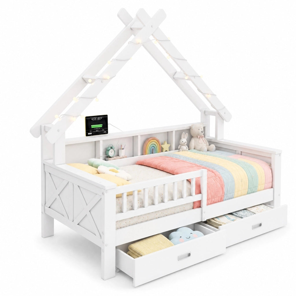 Letto a casetta 90 × 200 cm con LED ripiani 2 cassetti barriera di protezione in legno e MDF bianco