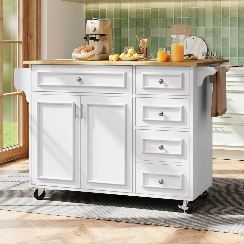 Carrello da cucina con piano pieghevole, cassetti, ripiani regolabili e mensola laterale in MDF bianco per cucina