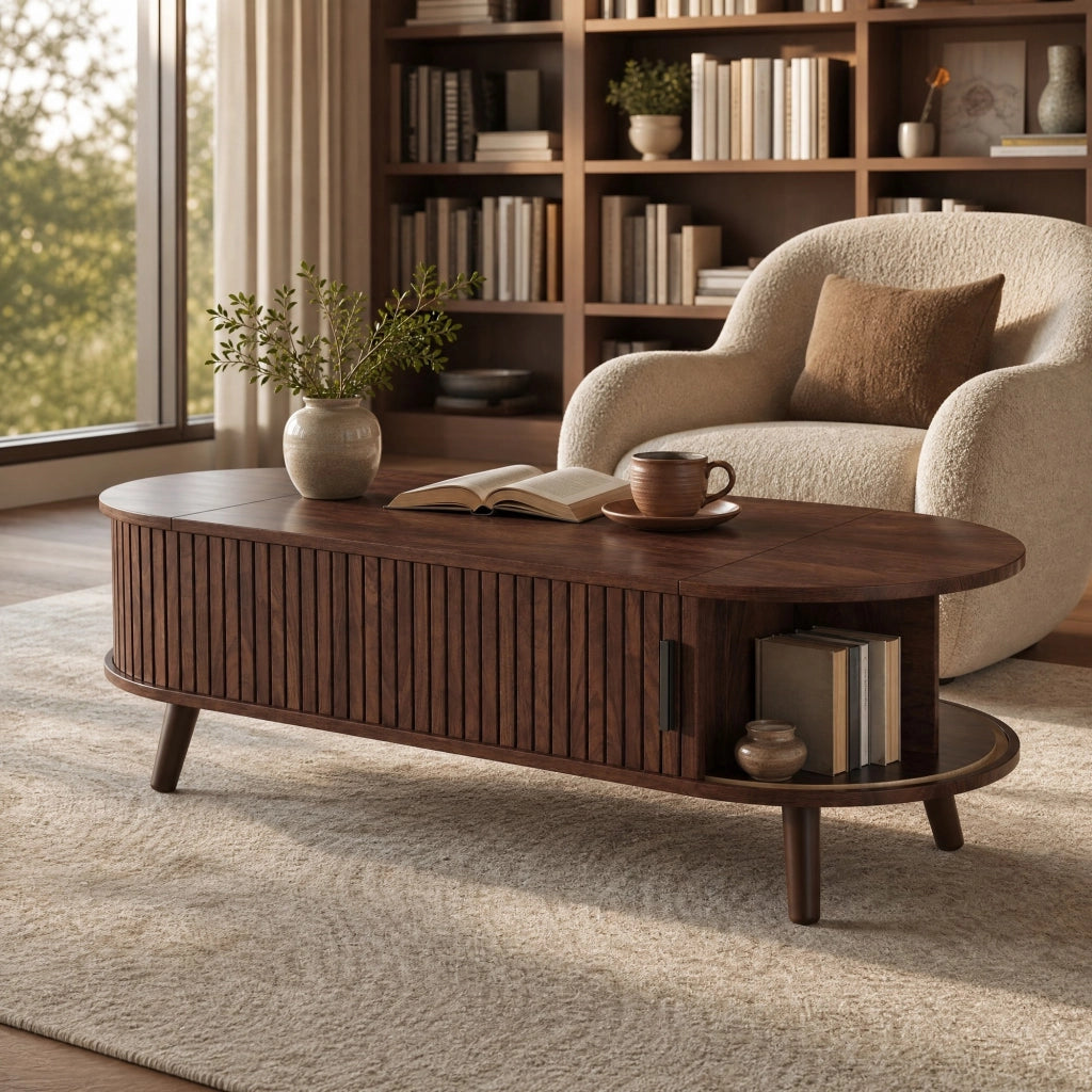 Tavolino da caffè sollevabile 120x50 cm con contenitore noce