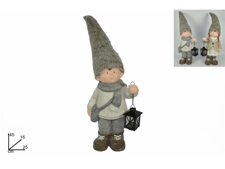 Decorazione Casa Natale Bimbo o Bimba con Cappello Pelliccia e Lanterna 45 cm