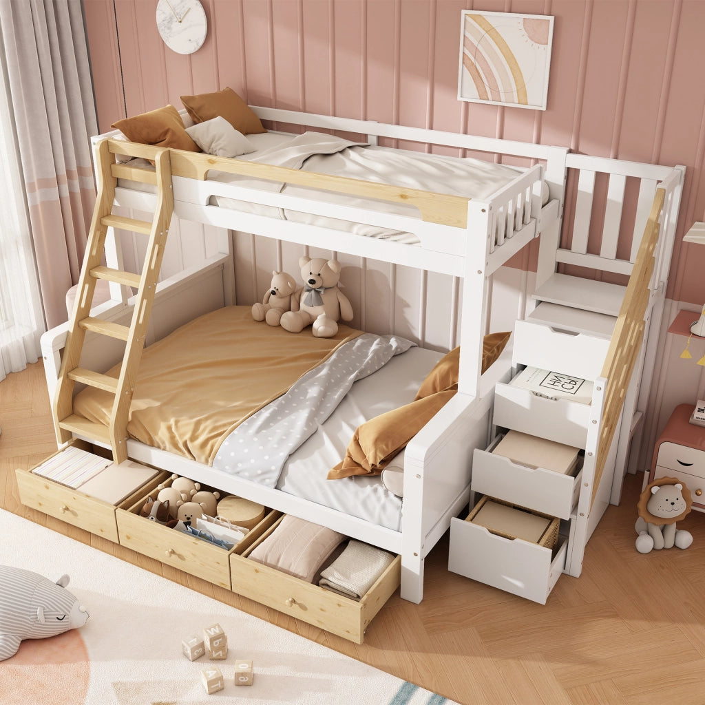 Letto a castello 90x200 e 140x200 cm in pino e MDF; bianco e naturale; con scala contenitore e 3 cassetti per cameretta