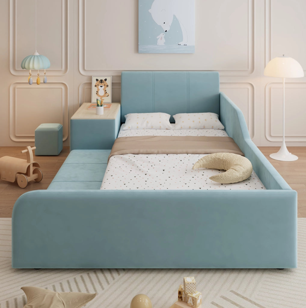Letto singolo imbottito 90x200 cm con scrivania laterale e sgabello; velluto blu