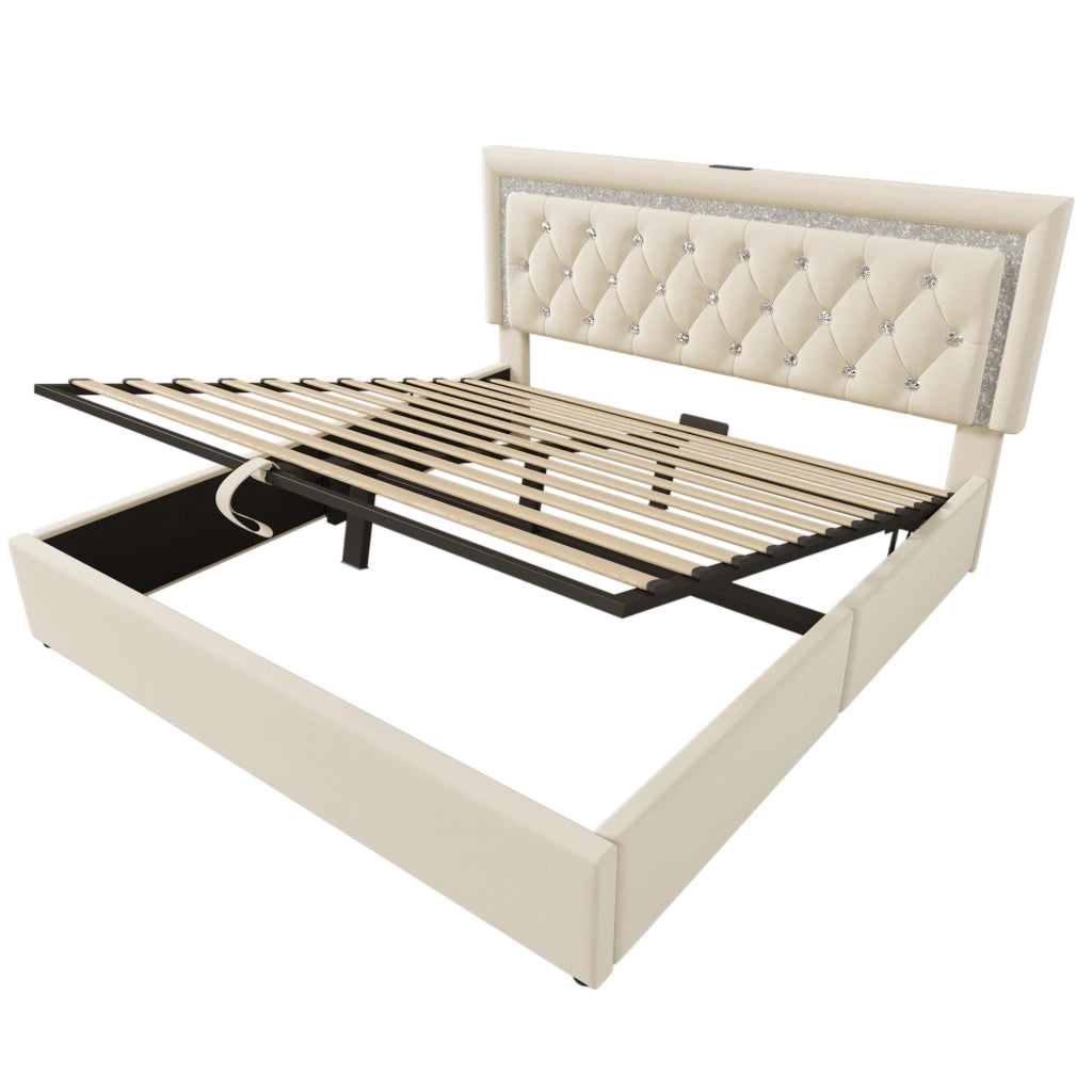 Letto matrimoniale 160×200 cm con vano idraulico, LED regolabile, USB e tipo C, senza materasso, velluto beige