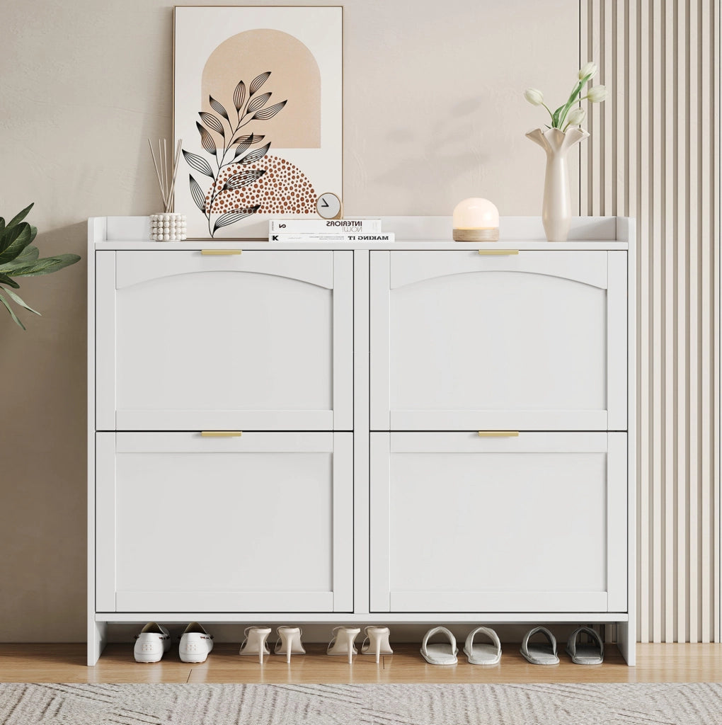 Armadio porta scarpe moderno bianco con 4 ribalte, struttura in truciolato, 110x90x24 cm