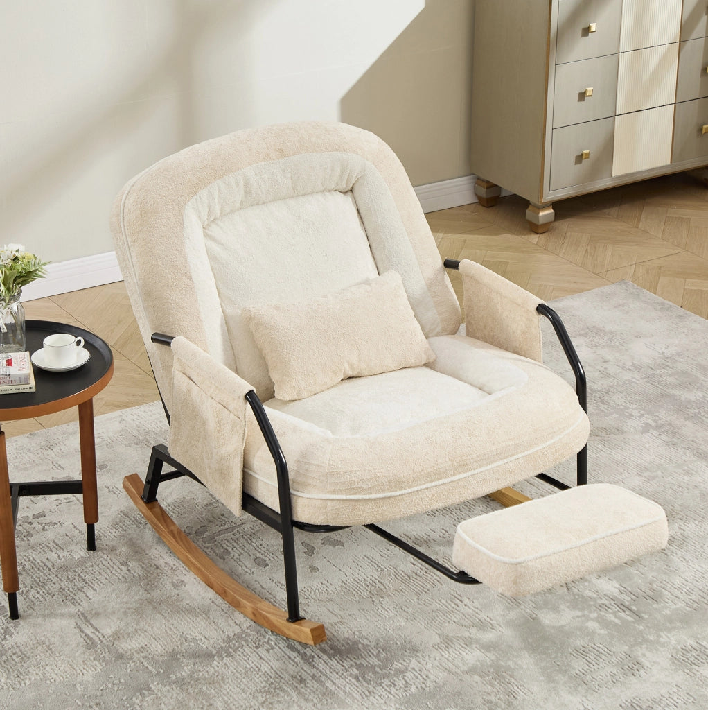POLTRONA A DONDOLO Reclinabile con Poggiapiedi e Tasche Laterali Beige
